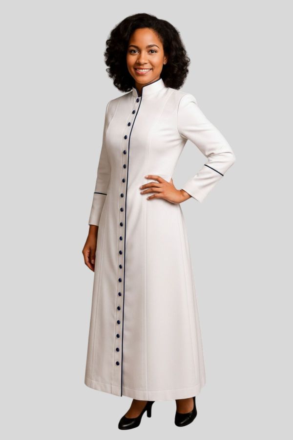 Graceful White Women's Pastor Robe With Navy Trim