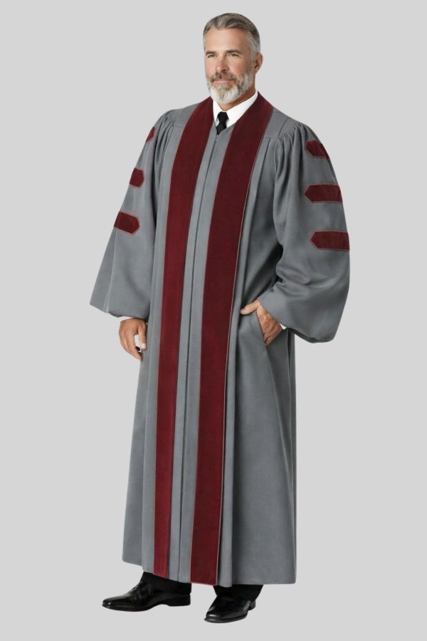 Malachi Gray Pulpit Robe with Velvet for Church Leaders